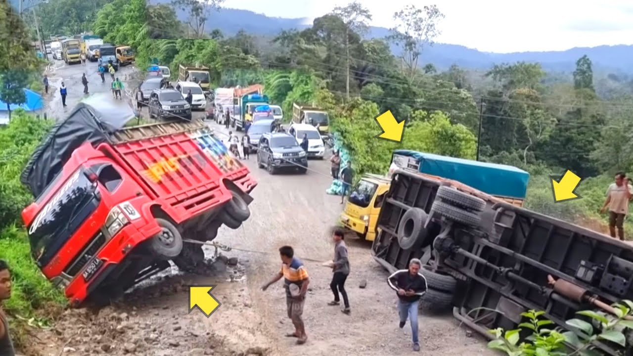 🚛💥 Terrifying Truck Flip Caught on Camera – Steep Hill Horror on Deadly Road!